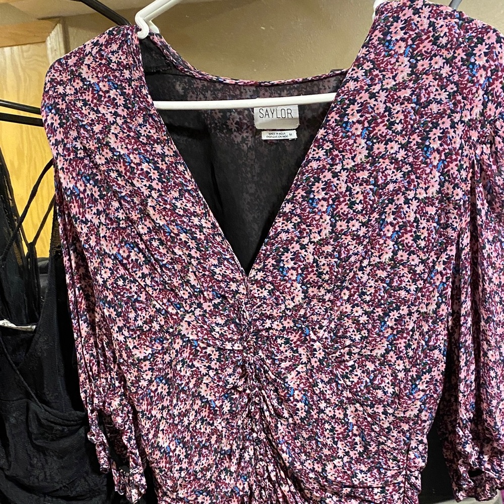 SAYLOR Pink and Navy Floral V-Neck Dress